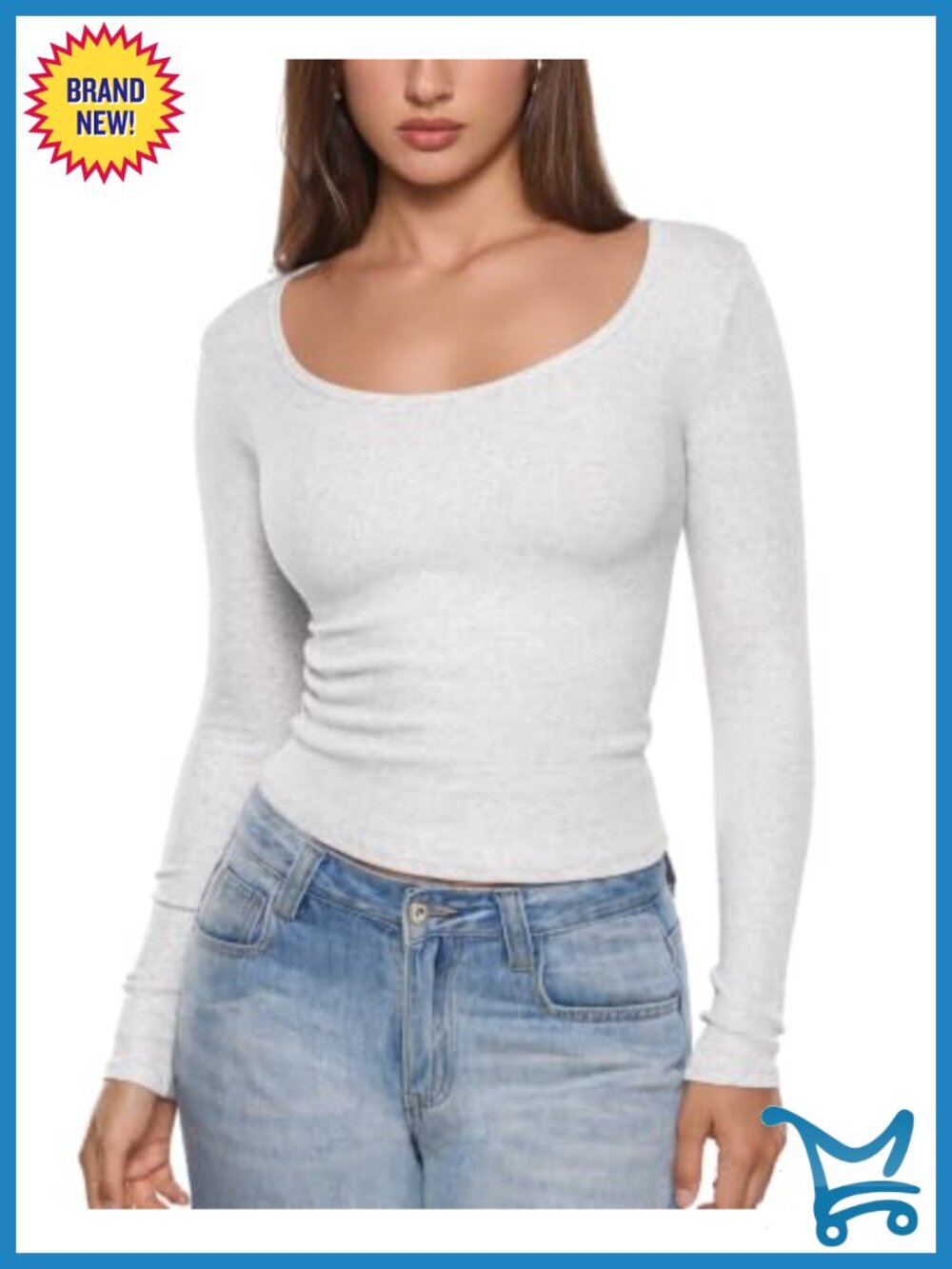Women's Cotton Blend Scoop Neck Long Sleeve Ribbed Top Slim Fit Pullover